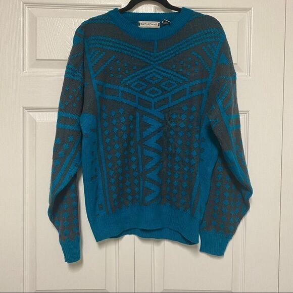 Saturdays, large, teal blue and grey sweater - Picture 1 of 8